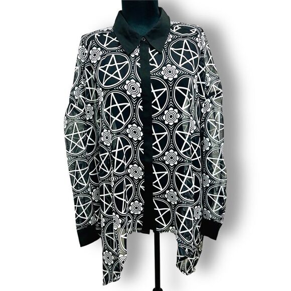 Pentagram floral ladies sheer shirt by Killstar sz XL black white button down - Picture 11 of 17